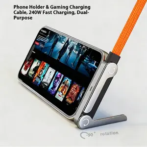 240W Max Fast Charging Braided Cable, 2026 Latest Orange Stand Data Cable, Nylon Braided, Durable, Integrated Phone Stand, T-Shape Foldable Design, USB-C to Type-C Connector, Compatible with Smartphone, iPhone 17/16 Pro/16/15 Pro/15, Samsung S26/S25/S24