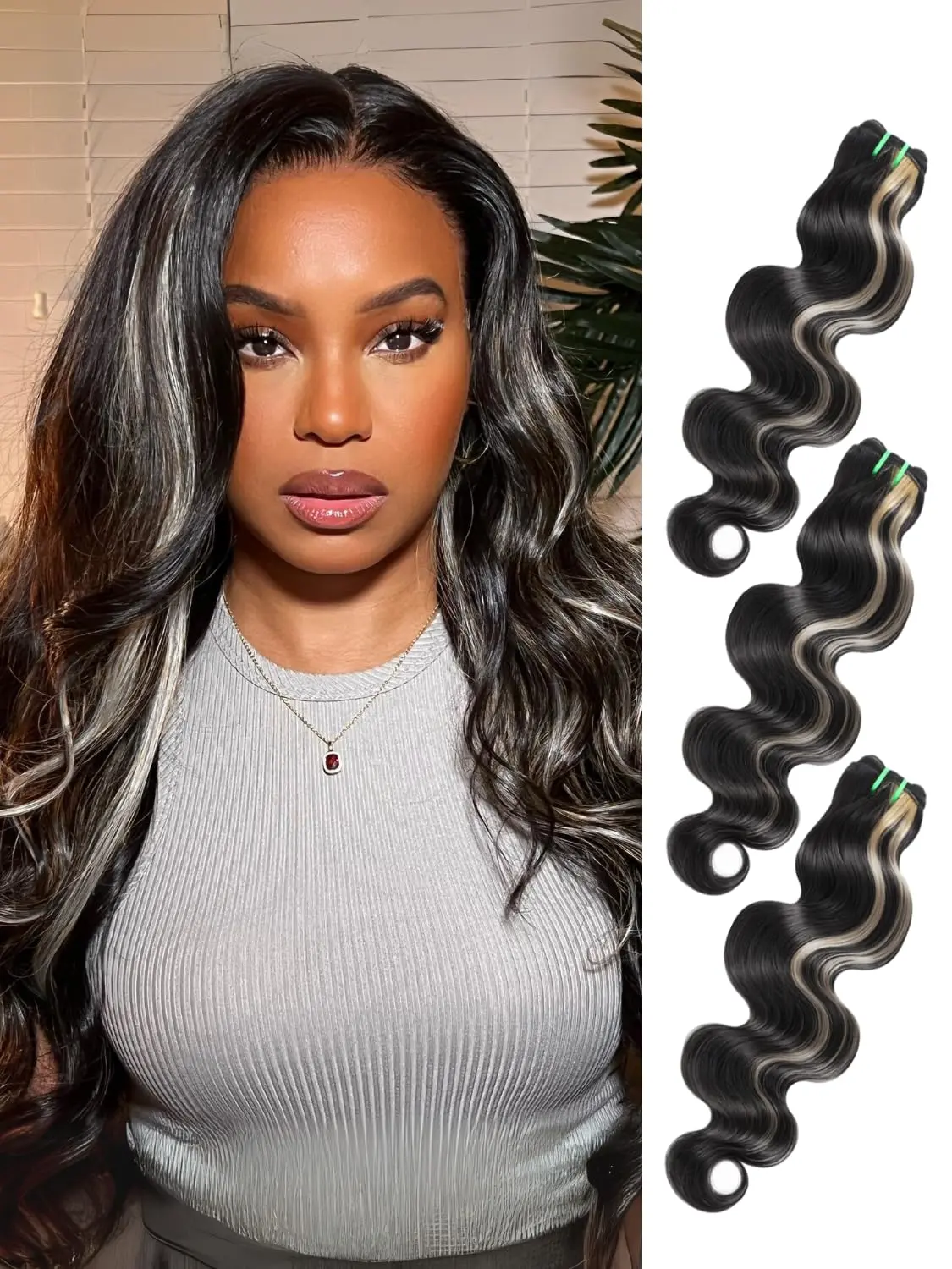 ALHER Platinum Blonde Highlight Black Mix Color 3 Bundles Body Wave Human Hair 20 22 24In, 100% Remy Hair Thick Track Bundles #F1B/613 Ombre Skunk Stripe Balayage Colored Bundles (Color More Silver)