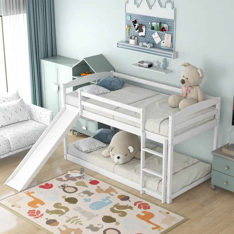Low Bunk Beds Twin Over Twin Bunk Bed with Slide and Ladder, Solid Wood Bunk Bed for Toddlers Kids Boys Girls