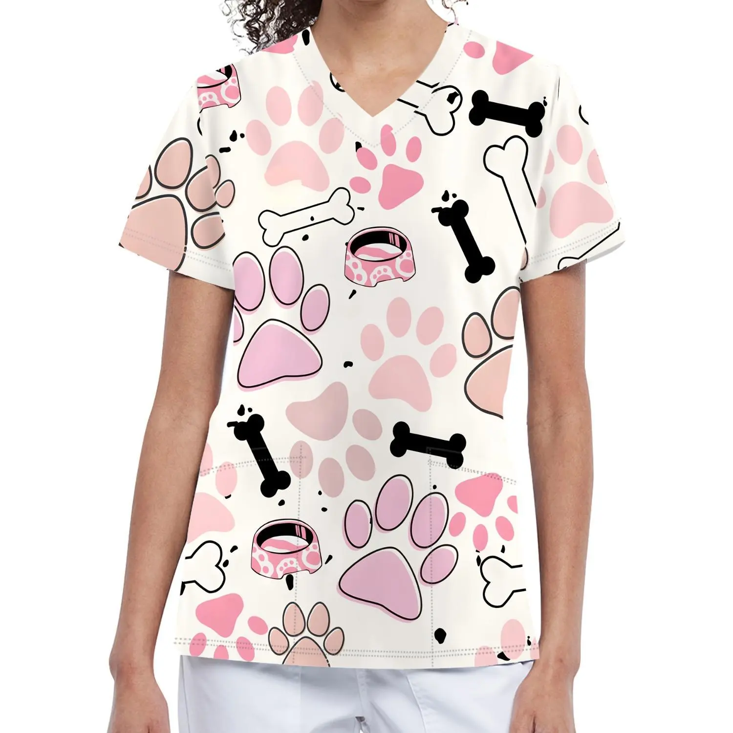 Pet Lover's Women’s V-Neck Short-Sleeve T-Shirt with Adorable Paw Prints, Bones, and Pet Bowls on a White Background – Perfect for Daily Wear and Pet-Themed Events