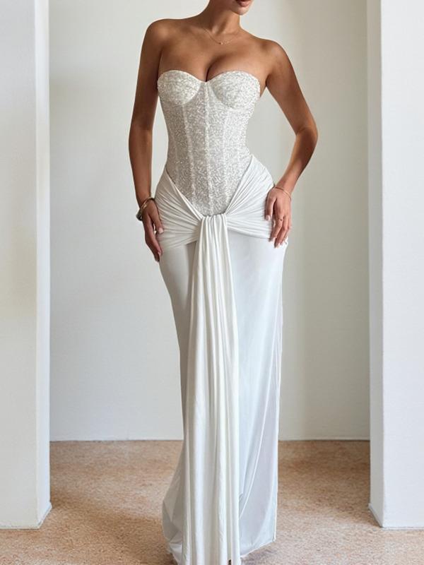 Elegant Strapless Corset Bodycon Long Formal Dress, with Ruched Detail, Perfect for Evening Prom Party