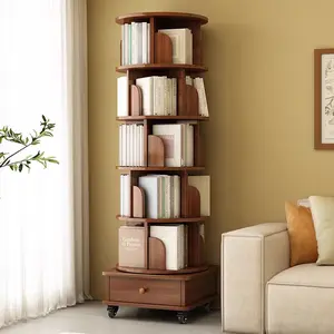 360° Rotating Bookshelf with Wheels, 6-Tier Corner Storage Rack for Small Spaces, Stackable Wooden Bookcase – Walnut Brown