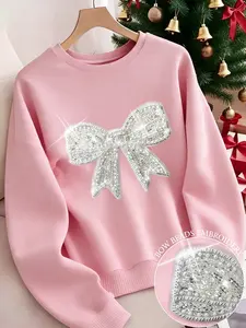 Women's Light Butterfly Knot Beaded Embroidery Fleece Lined Long Sleeve Top, Warm Comfortable Casual Winter Wear