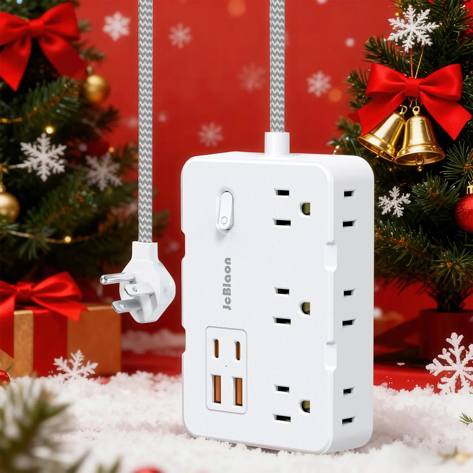 JcBloon 10‑in‑1 Surge Protector Power Strip,5ft Flat Plug Extension Cord , 6 AC Outlets & 4 USB Ports(2 USB‑C),  Wall‑Mountable Compact Charging Station for Home Office College Dorm Room, White,ETL
