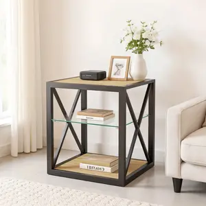 Modern Tempered Glass Nightstand for Bedroom & Living Room, X-Shaped Metal Frame Bedside Table , Industrial Style Side Table
