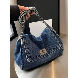 Denim Chain Shoulder Bag, New Styling Casual Versatile Crossbody Bag for Women, Trendy All-match Commuter Bag for Daily Travel Work Commute, Denim Shoulder Purse, Casual Crossbody Bags, Casual Trendy Purses