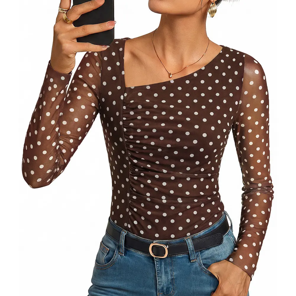 GRACE KARIN Women's Mesh Fabric Blouse - Asymmetrical Neck, Ruched Detail Longsleeves, Dressy Casual Boho Top for 2026 Fall Floral Outfits