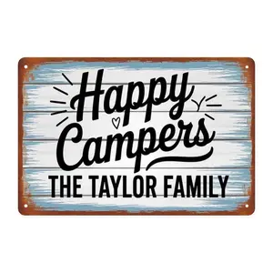 Happy Campers Family Camping RV Trailer Tin Sign, Vintage Happy Camper Family Themed Metal Sign Print Aesthetic Room Decoration for Home Bedroom Kitchen Bar Coffee Bathroom Indoor Outdoor Wall Decor,