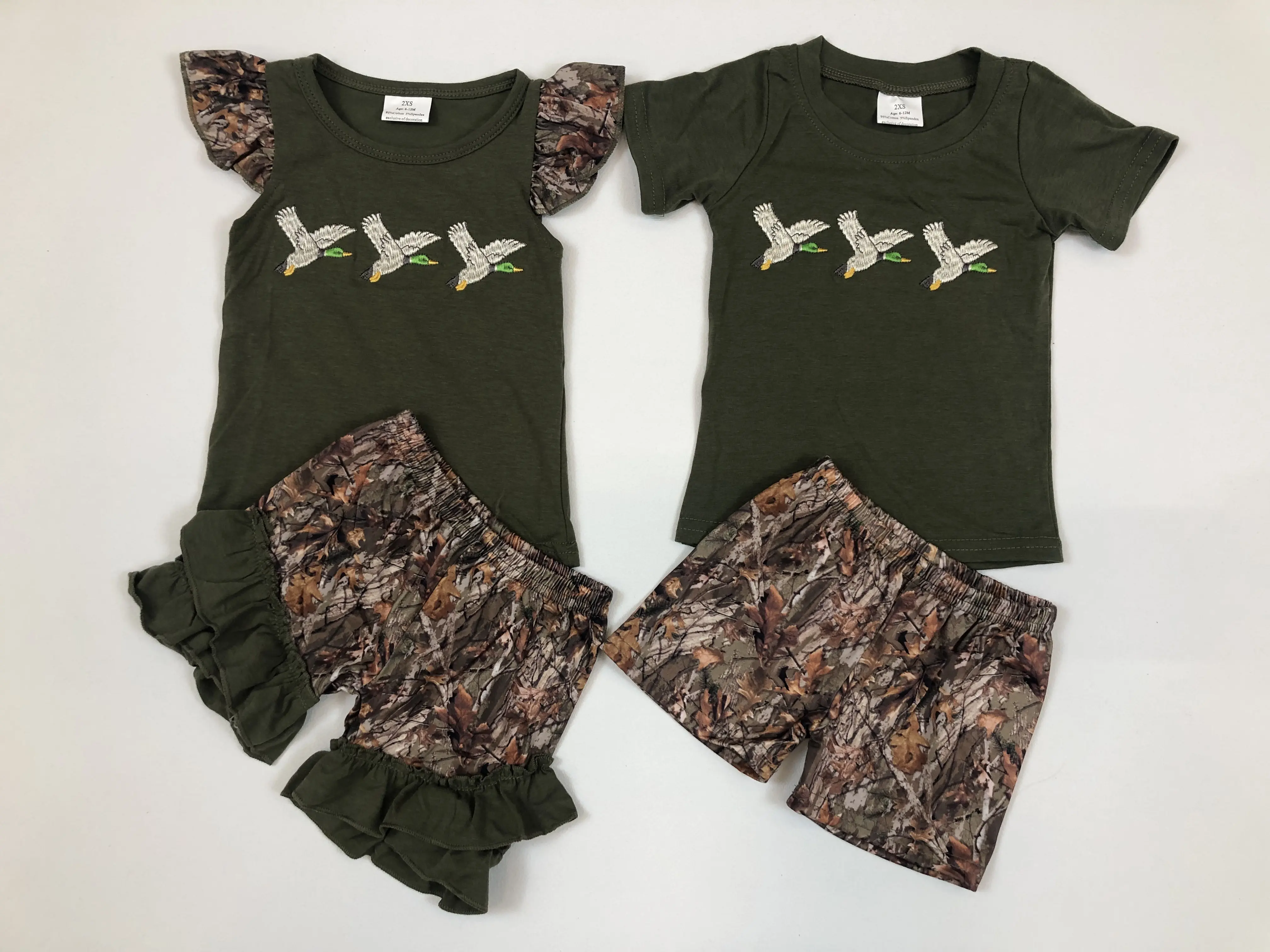 Kids' Embroidered Cotton Matching Set, 2-Piece Boys' Casual Summer Outfit with Duck Tee & Animal Print Shorts, Casual Set, Clothes Kids, Children, Embroidery, Outdoor Vibes, Hunting Duck, Soft Cotton, Fitted Cut, 3/6M To 7/8T
