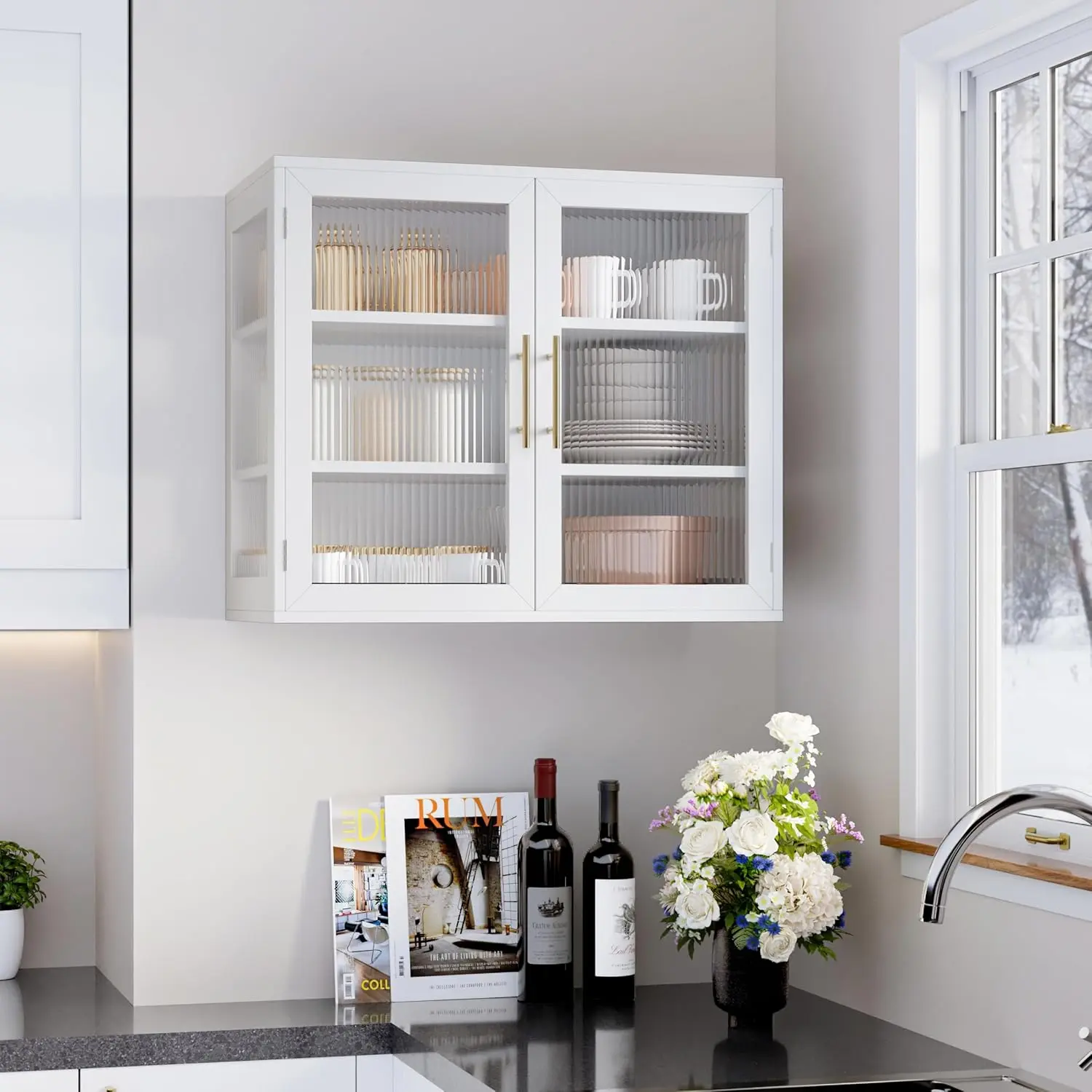 Modern Storage Cabinet - White Tempered Glass Wall Display Cabinet with Adjustable Shelves (13.7D x 27.5W x 23.6H) for Kitchen, Dining Room