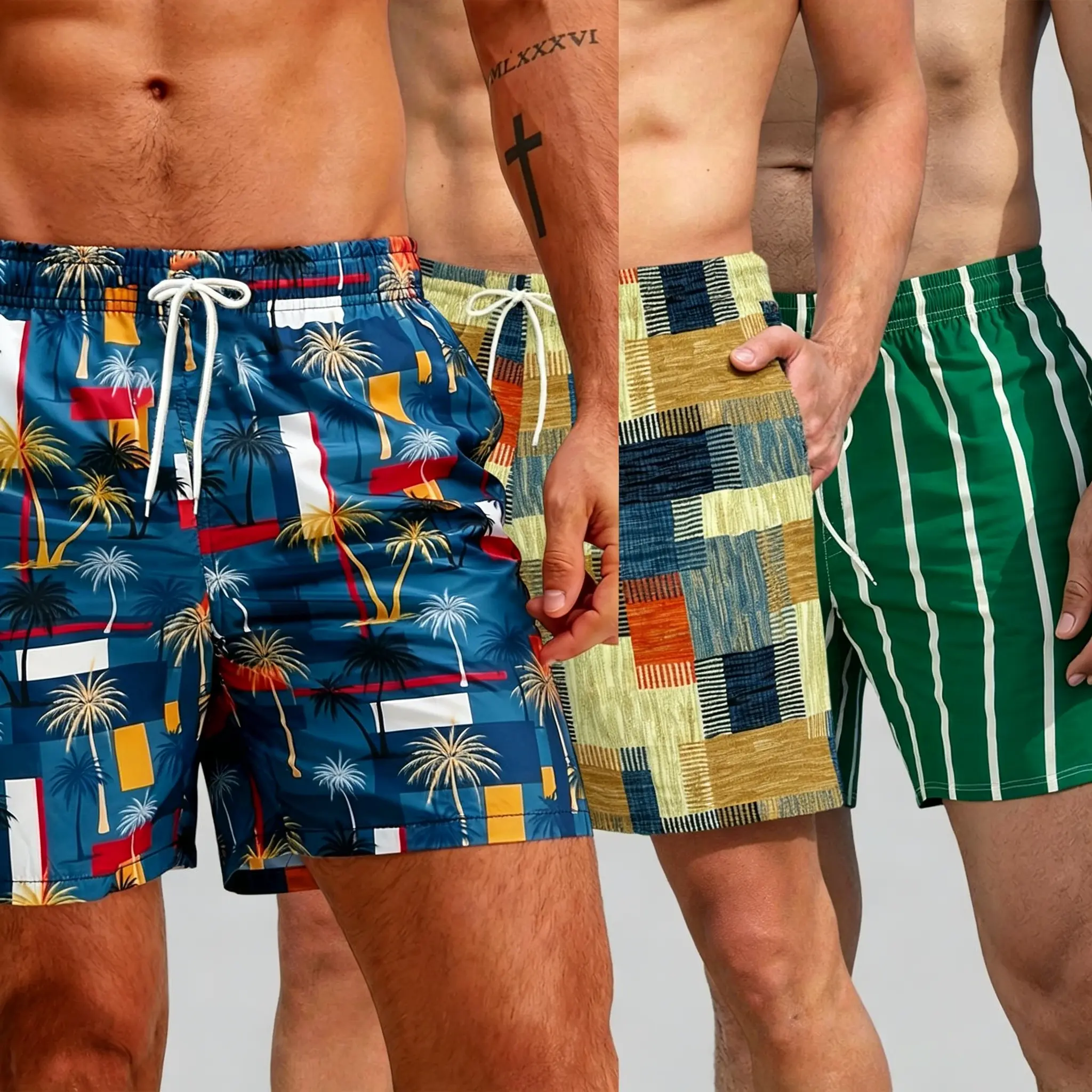 Men's summer three piece shorts with adjustable drawstring featuring green stripes, contrasting grid patterns, beach themed patterns, and palm themed designs, suitable for casual outdoor and vacation wear