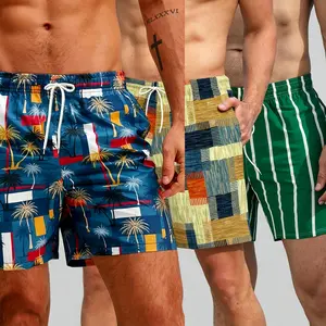 Men's summer three piece shorts with adjustable drawstring featuring green stripes, contrasting grid patterns, beach themed patterns, and palm themed designs, suitable for casual outdoor and vacation wear