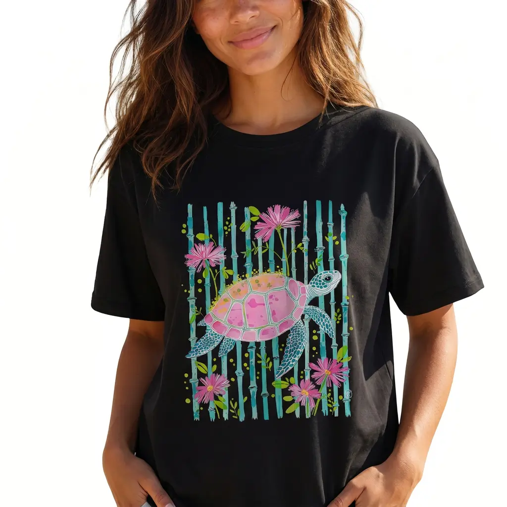 Tropical Sea Turtle Women's Plus Size Breathable 100% Cotton Coastal Floral Graphic Tee