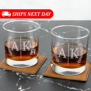 Engraved Split Monogrammed Whiskey Glass Set of 2 - Personalized Whiskey Gift for Men - Customized Cocktail, Bourbon, Scotch, Rocks Glass