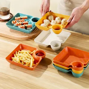 Plastic Dumpling Plates with Sauce Compartments, Snacks Sushi Appetizers Tortilla Dipping Sauces Fruits Party Picnic Dinnerware Set, Elegant Plastic Plates, Salad Plates Set
