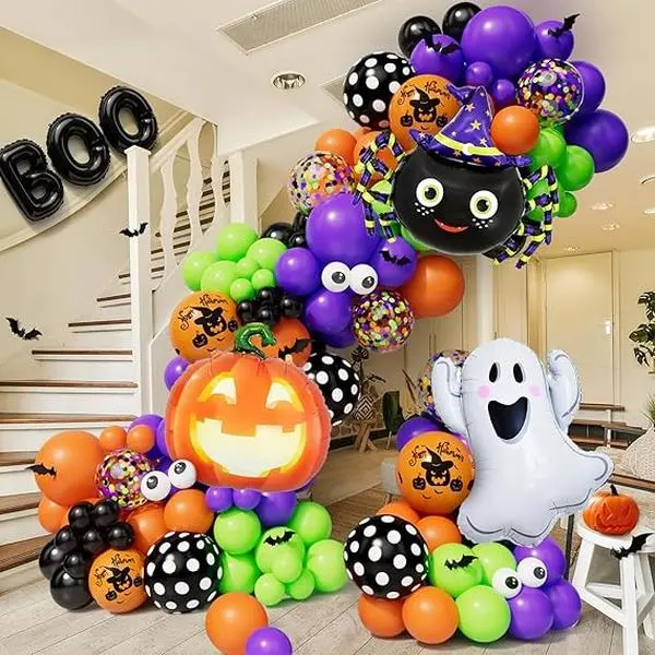 Halloween Balloon Garland Arch Kit 144PCS with Pumpkin Foil Balloon Black Orange Green Purple Balloons for Halloween Decorations Balloons Party Supplies Thick Durable Non-Toxic Set Aluminium Burst Spooky