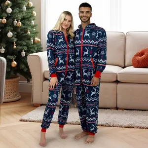 Joyfy Christmas Pajamas, Loose Hooded Christmas Pajamas for Men, Nordic Print Pattern Holiday Jumpsuits for Adults Christmas Party- L