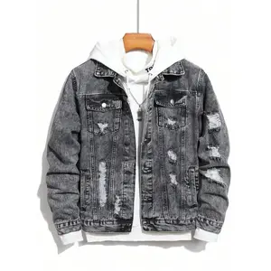 Men's Denim Jacket, Street Style Ripped Design, All-Season Cotton Outerwear, Perfect Gift for Husband Boyfriend, Coats1123