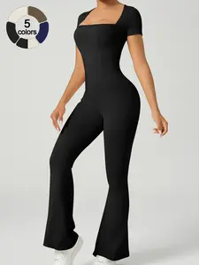 Women's Sporty Jumpsuit Fan Neck Short Sleeve Design, Elegant Swan Neck Tight Fit Ribbed Waistband, Flare Pants Long Leg Line Workout Jumpsuit