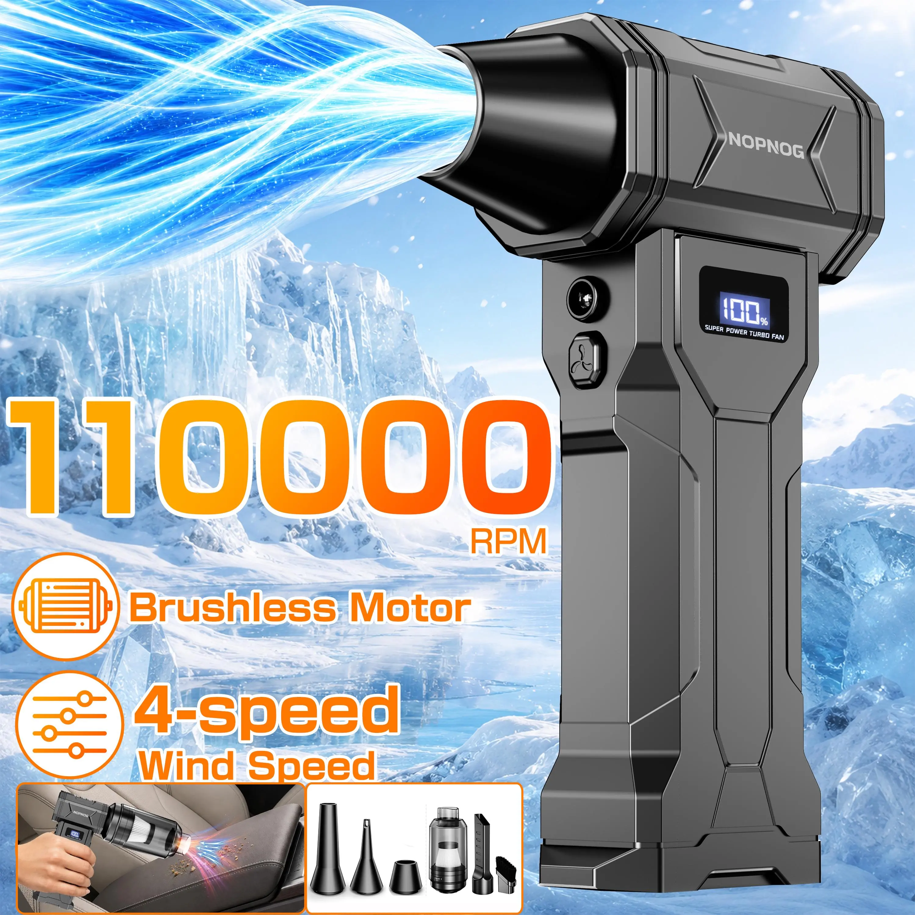 Compressed Air Duster Cleaner, 4-Gear 110,000 RPM Electric Air Duster, Portable 4000mAh Rechargeable Cordless Air Blower with LED Light