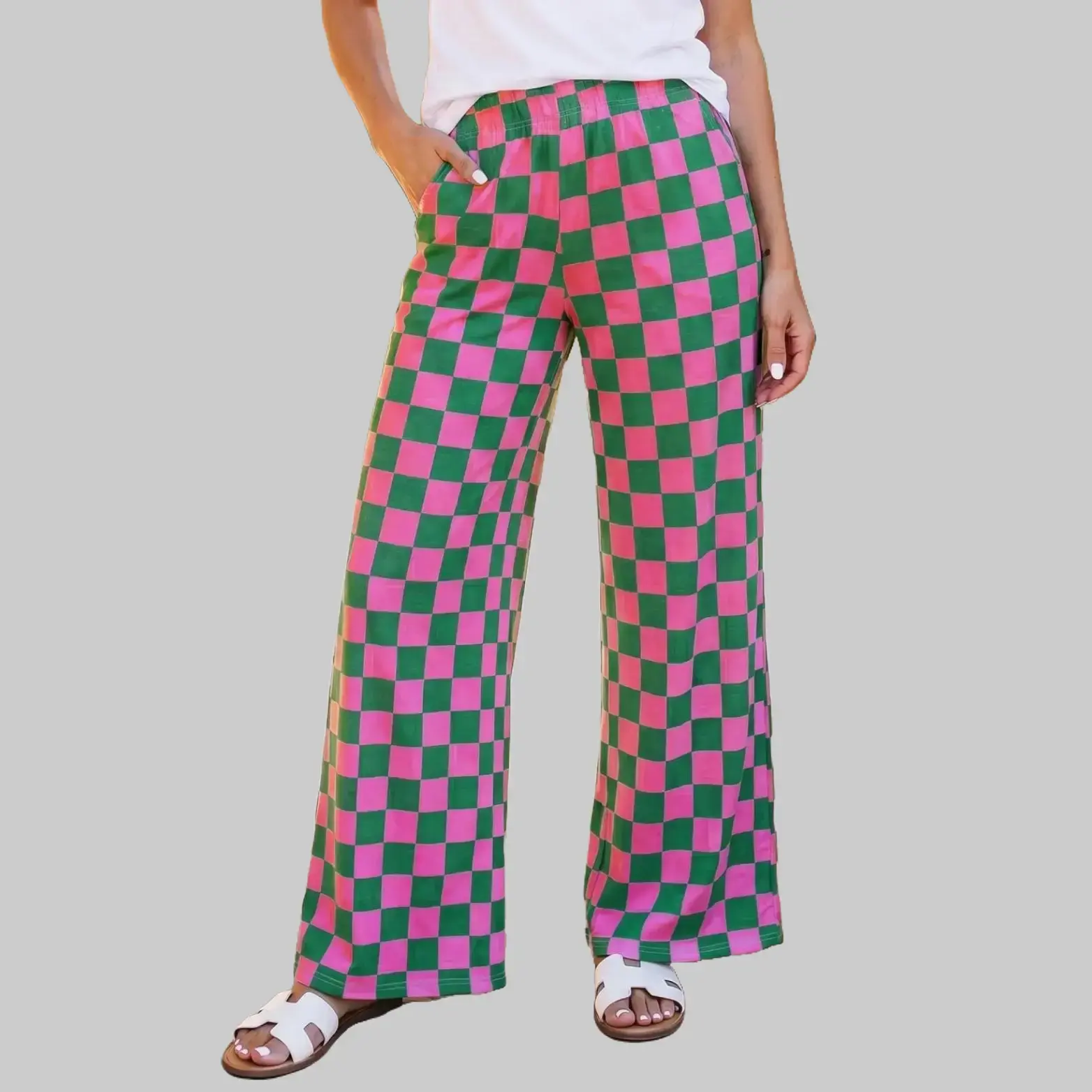 Green 2-Tone Checked Print High Waist Wide Leg Pants,Women Two‑Tone Checkered Print High Waist Wide Leg Pants, Elastic Drawstring Waist Loose Casual Plaid Palazzo Trousers, 95% Polyester 5% Elastane Stretch Relaxed‑Fit Daily Streetwear Pants