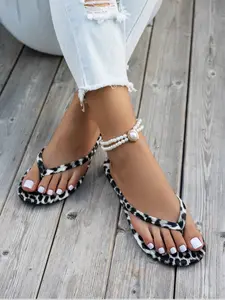 Women's Leopard Print Slip-On Sandals, Casual PU Leather Beach Shoes, Lightweight Rubber Sole, All Season Fashion Flip Flops, Flip Flop Slides