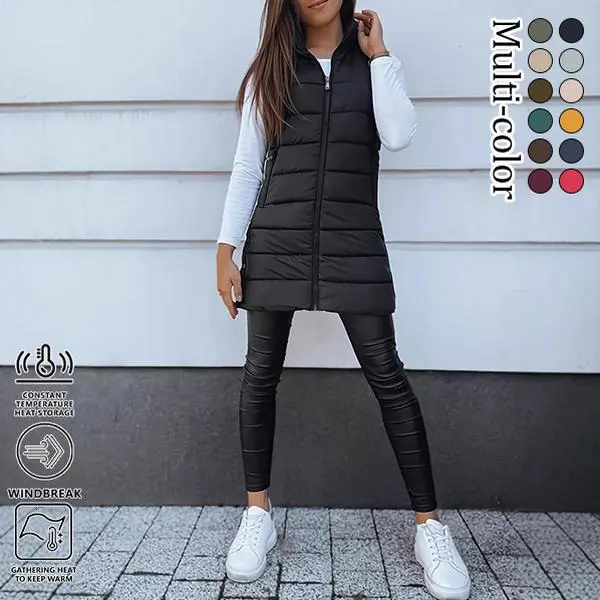 Women’s mid-length stand-collar hooded quilted vest, casual warm top, sleeveless mid-length design, stand-collar hood + full zip closure, windproof and insulated, available in multiple colors, side zipper pockets for storing small items.