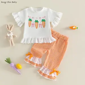 Cute Easter Outfit for Baby Girls and Toddlers - White carrot-embroidered ruffled short-sleeved top and orange plaid flared pants with a bow, perfect for casual summer wear (1-5 years old)