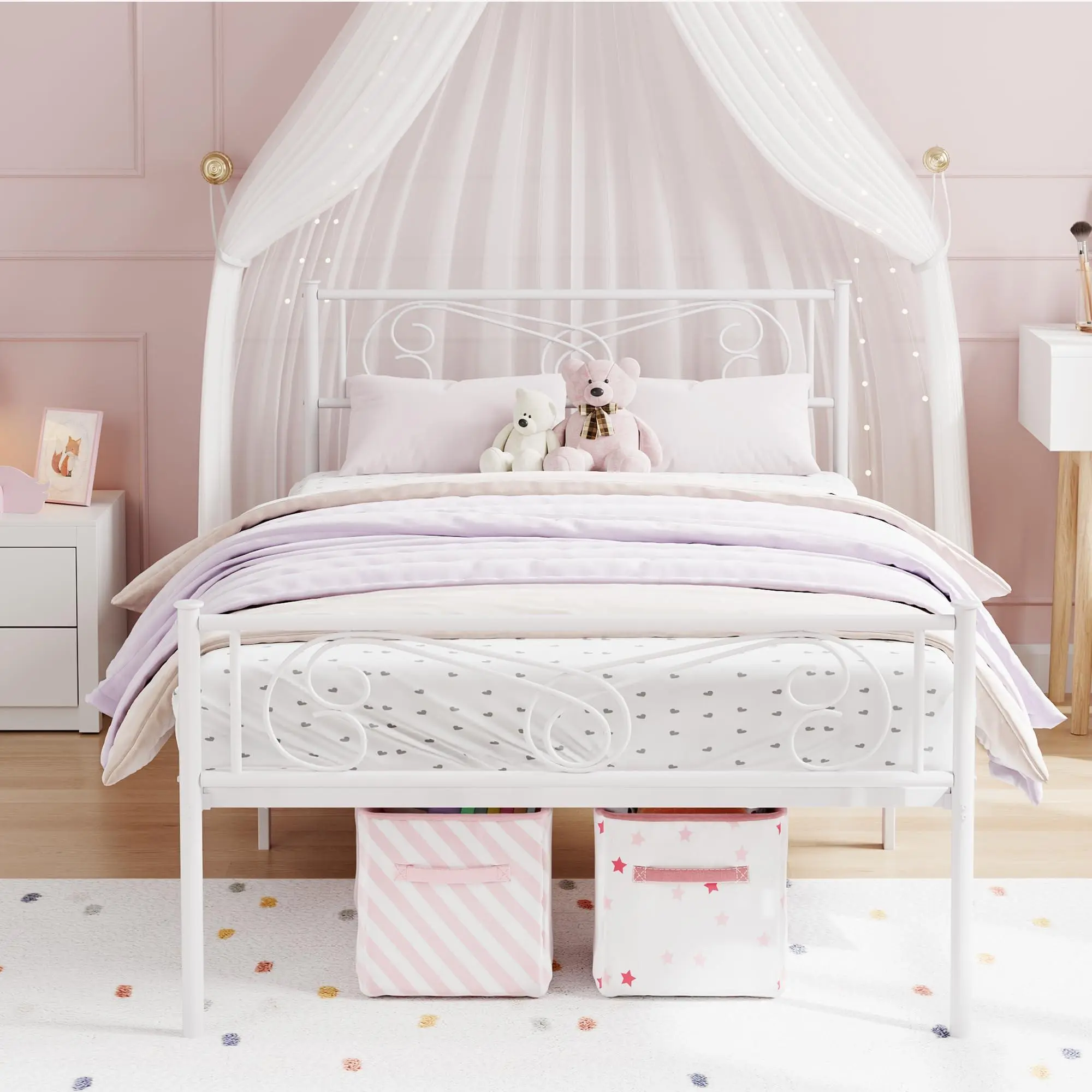 Twin Bed Frames for Kids, Metal Bed Frame with Headboard & Footboard, Twin Size Metal Platform Bed Frame, Heavy Duty Bed Slats Support, No Box Spring Needed, Noise Free,White