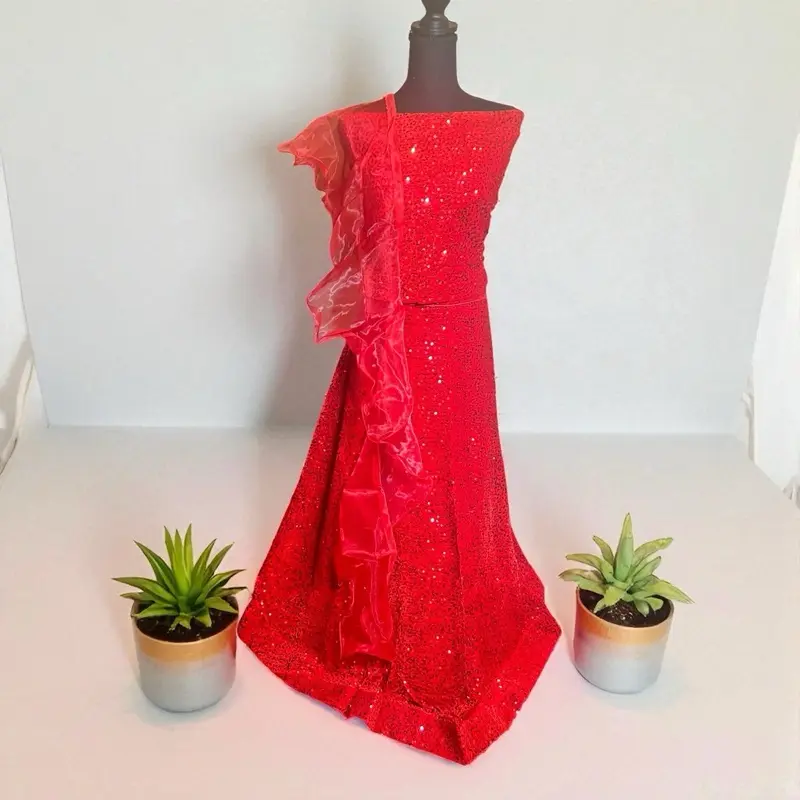 Valvet Women's Elegant Red Velvet Sequined Semi-Stitched Lehenga Outfit - Fabric Blouse, Floral Dupatta, Formal Wear Party Dress Overall