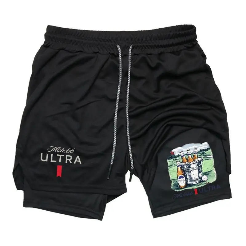 Michelob Ultra Men's Streetwear 2-in-1 Shorts Sweat Shorts with Beer Graphic Print Drawstring Waist Casual Summer Shorts for Men Trendy Drip Clothing