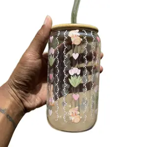 Easter Libby Cup - Bunny Design with floral, Clear Lid, Ideal for Drinking, Bottle & Drinkware Tumbler Washable Reusable Portable