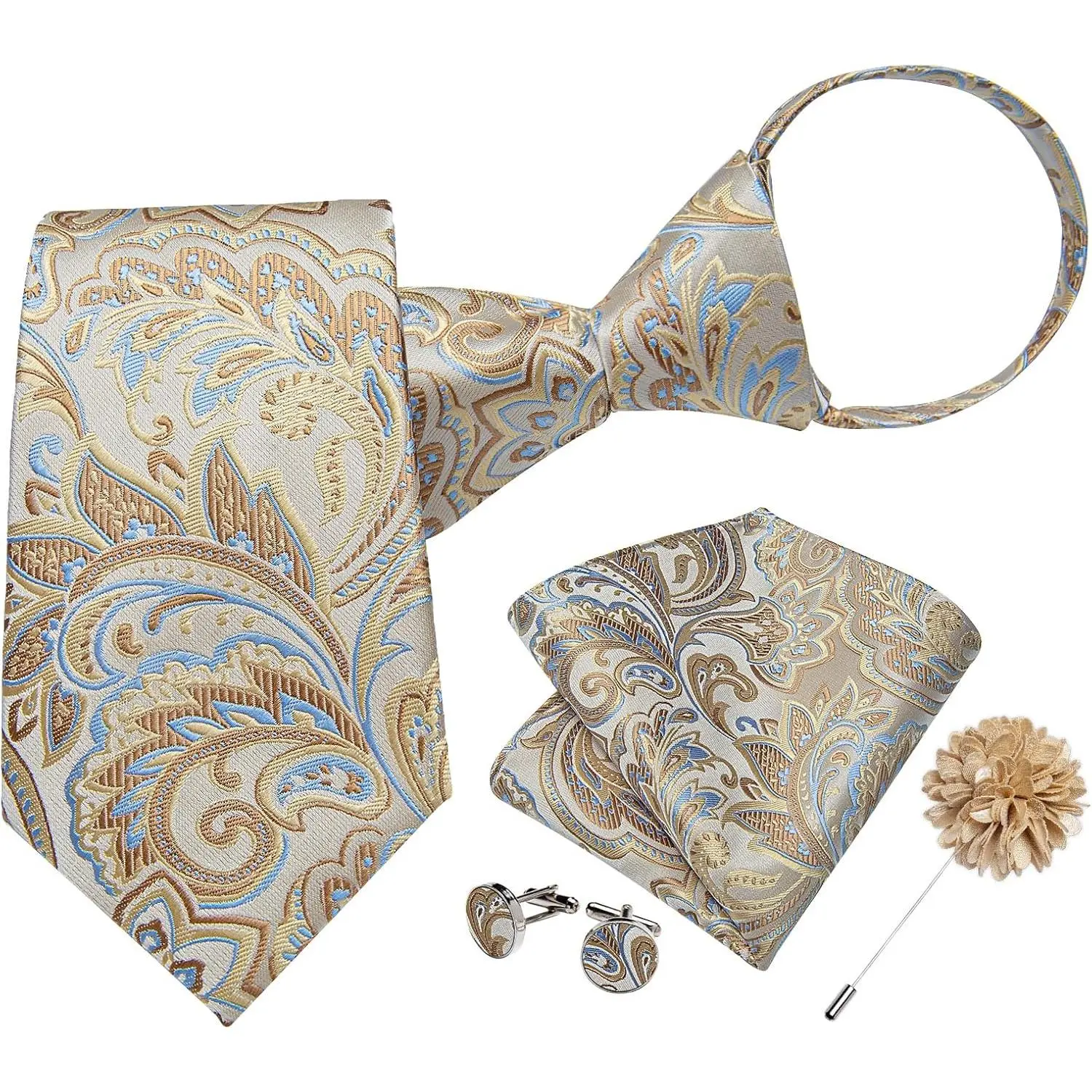 Men's Pre-Tied Zipper Tie Set with Pocket Square, Cufflinks & Pin, Paisley Silk Formal Boxed Neckties for Weddings