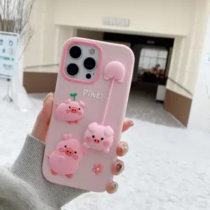 3D Cartoon Piggy Pendant Silicone Protective Phone Case For IPhone 17 16 15 14 13  Pro Max Soft Back Cover