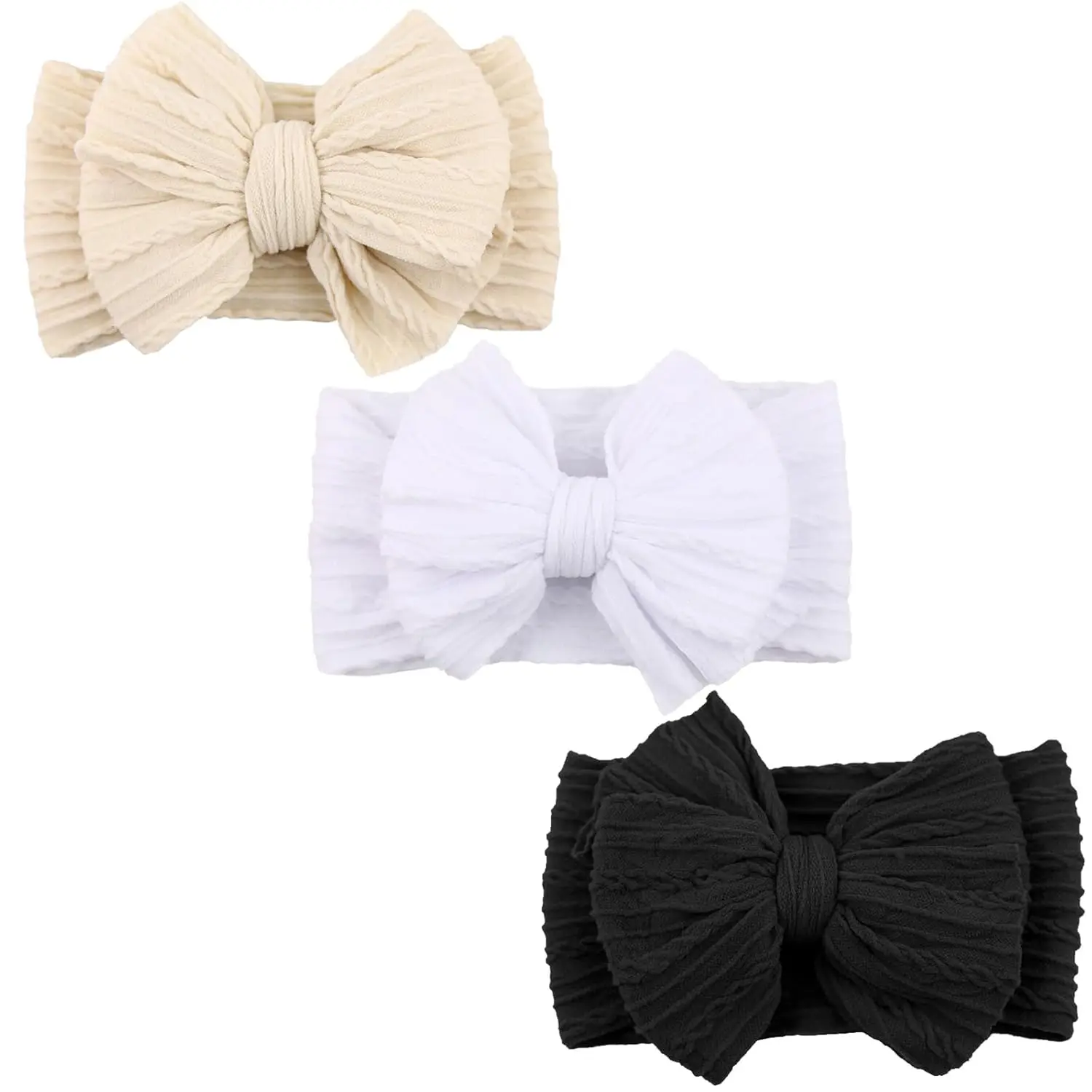 Handmade Baby Headbands Soft Stretchy Nylon Hair Bands with Bows for Newborn Infant Baby Toddler Girls in Cream White & Black