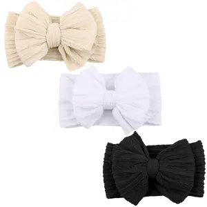 Handmade Baby Headbands Soft Stretchy Nylon Hair Bands with Bows for Newborn Infant Baby Toddler Girls in Cream White & Black