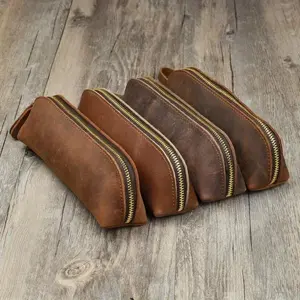 Genuine Leather Pencil Bag Retro Simple Stationery Holder Handmade Pen Case Storage Bag Zipper Pencil Pouch School Supplies Office Supplies Office Desk Accessories