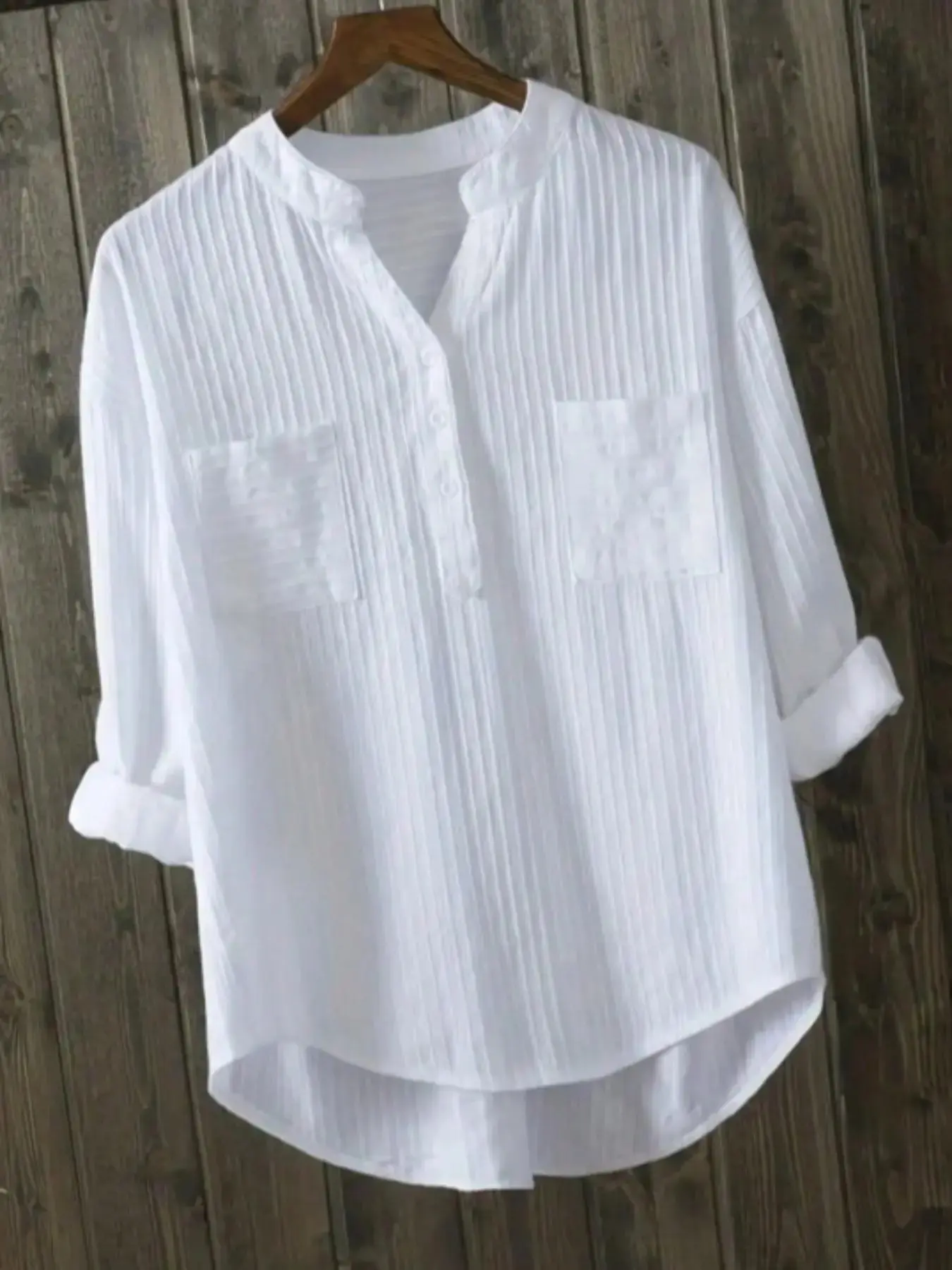 Women's Plain Button-Front High-Low Hem Shirt, Blouse, Button Blouse Shirts, Casual Long-Sleeve Notched Neck Top for Daily Wear, Ladies Clothes for All Seasons