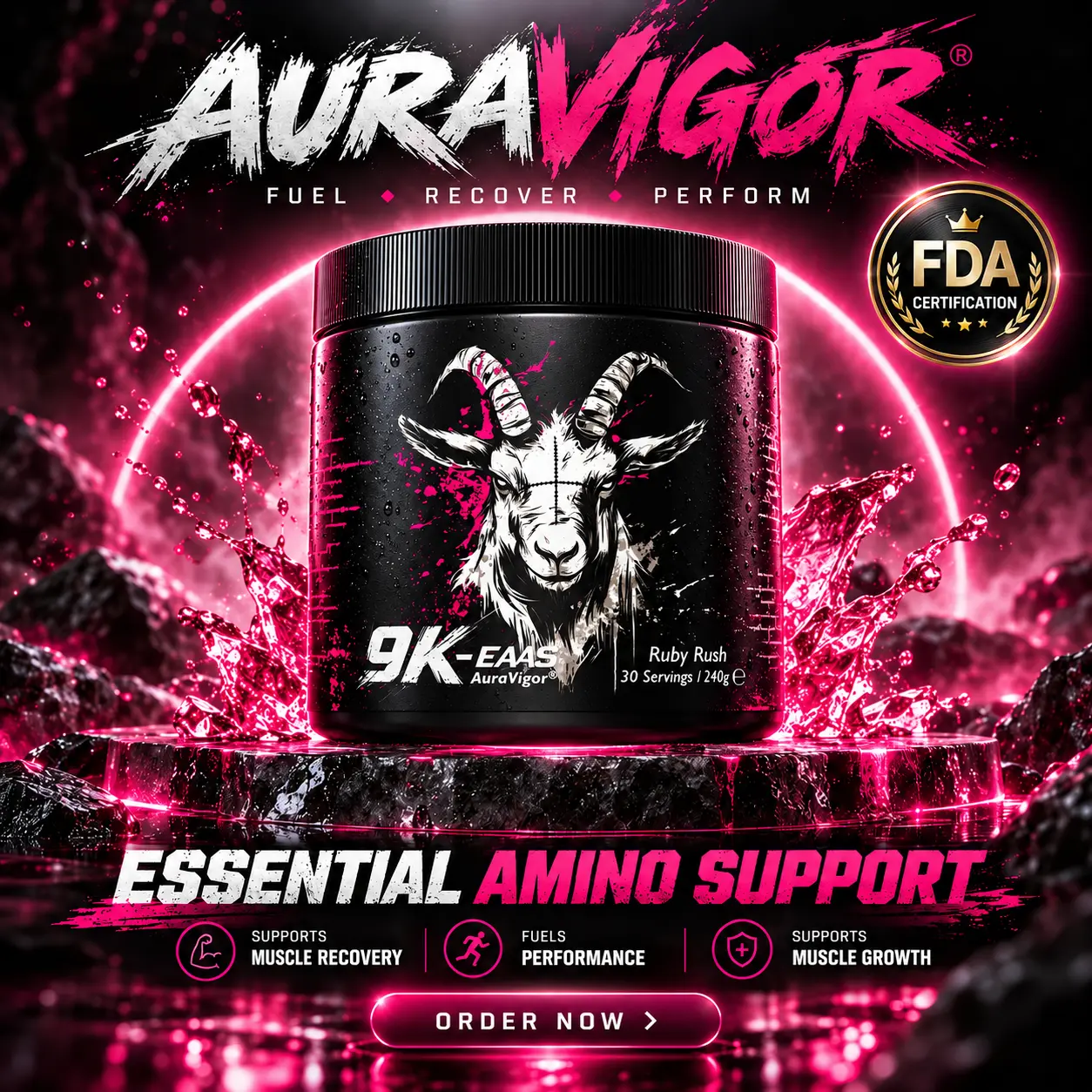 AuraVigor High-Quality EAAs + BCAAs Powder Fitness Supplement for Adults - 12.7g per Serving, 8g Essential Aminos, 321% DIAAS Score, 0 Digestive Issues, Rapid Absorption, Hydration & Energy Support, Muscle Growth & Health, Prop 65 Safe, 30 Servings