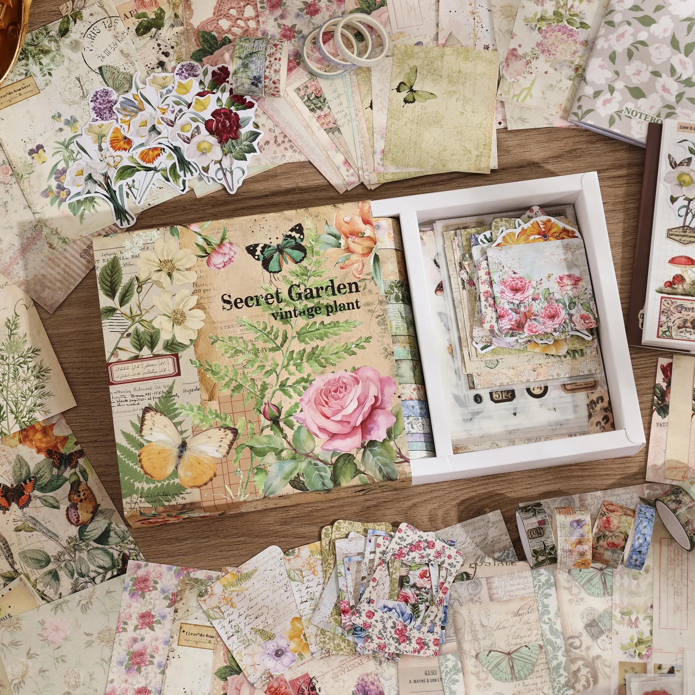 Vintage Floral Scrapbooking Set - Secret Garden Aesthetic Paper/Washi Kit with 12 Rolls Washi Tape, Stickers, Craft Paper, Embellishments, DIY Journaling Supplies for Bullet Junk Journal, Gift for Girls, Kids, Women