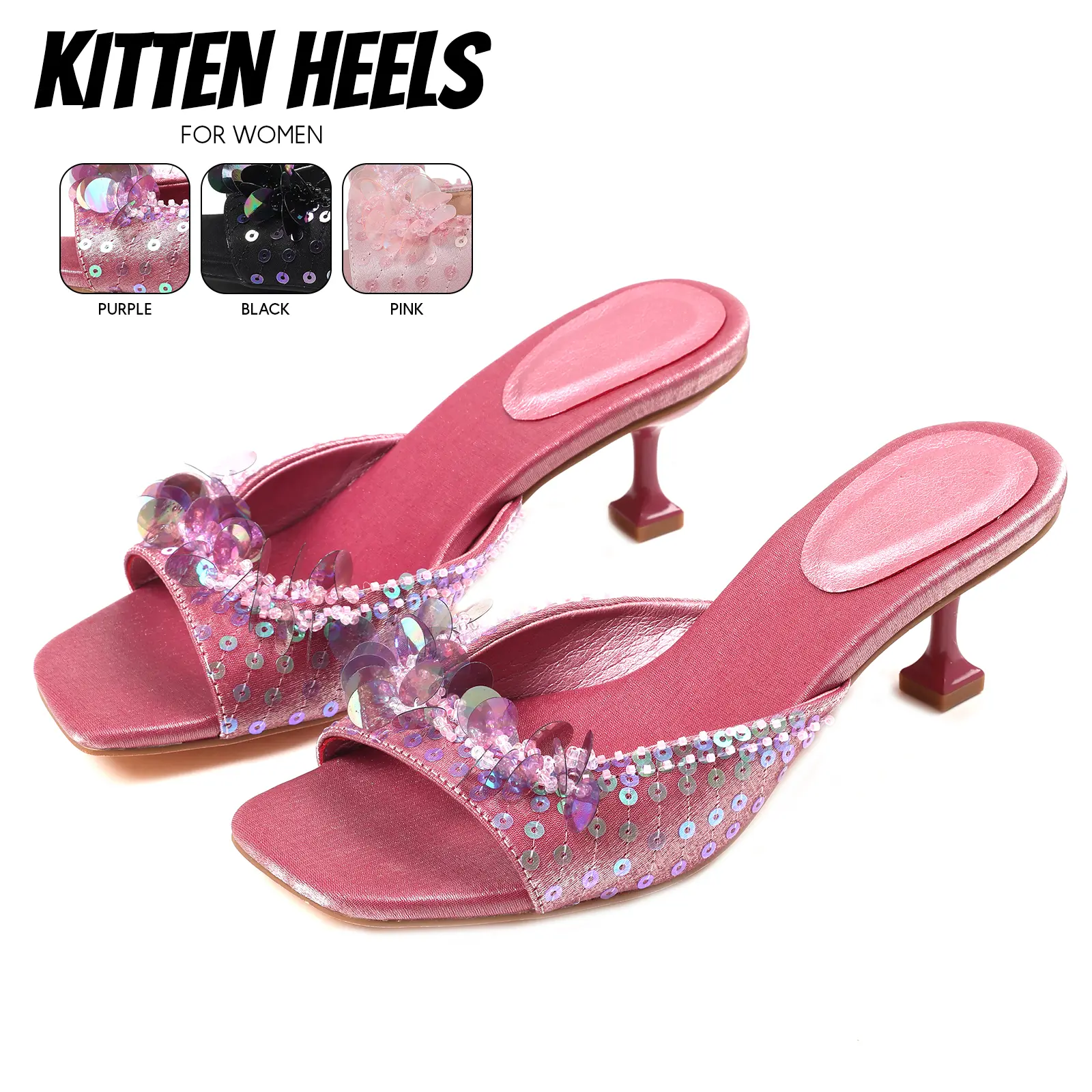 Kitten Heels For Women Square Toe Kitten Heel Slip On Sparkling Sequins Fashion Comfortable Date Party Dress Concert Wedding Gift for Girl Floral Sandals Trendy Cute Heels