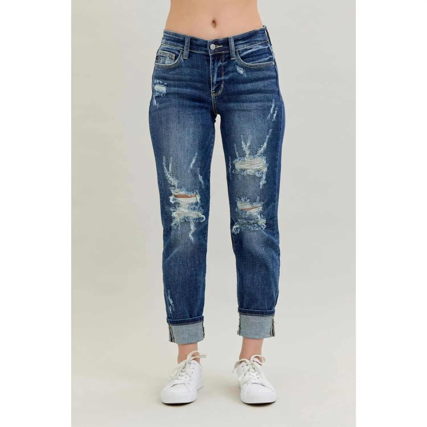 Judy Blue Women's Baggy Boyfriend Jeans, Mid-Rise Cotton Spandex Denim Bottom with Destroyed Details and Cuffed Hem, Fit, Pants, Style, Elastane