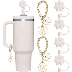 Compatible with Stanley Cup Accessories, 2count Butterfly Letter Charms with 4count 10mm Stanley Straw Cover Cap for Stanley Cup 30&40 Oz, Silicone Stanley Straw Toppers for Stanley Tumbler