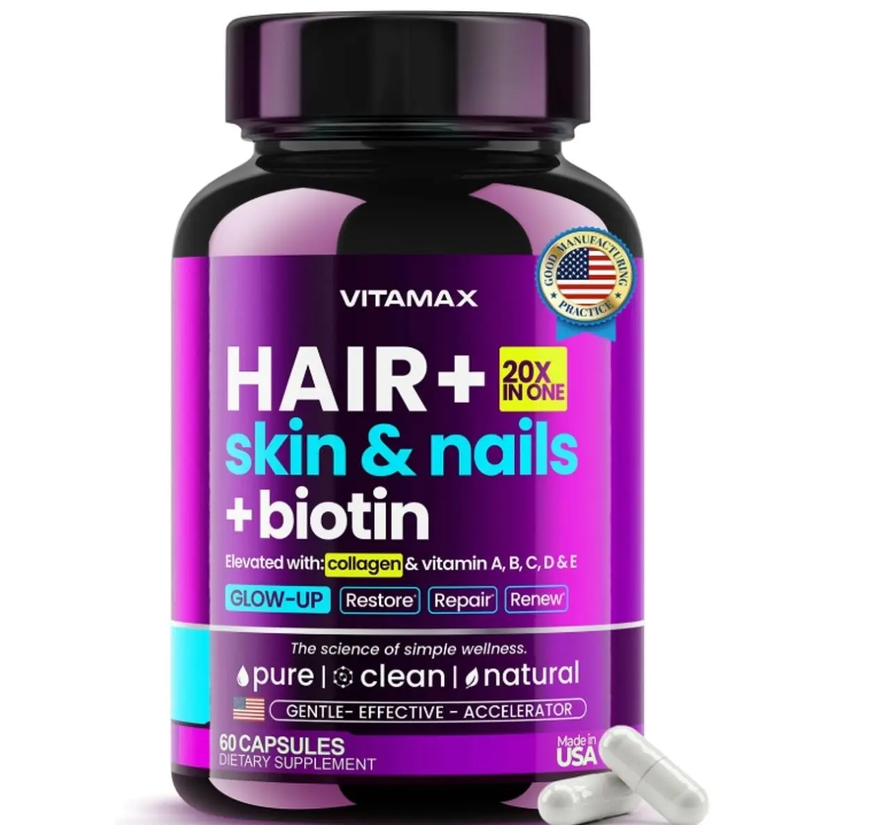 Biotin | Collagen | Keratin Booster with Hyaluronic Acid - Thicker Hair Growth, Healthy Skin & Stronger Nails Supplement – Extra Strength - Multi Vitamin B Complex - Women & Men - Made in USA - 60ct