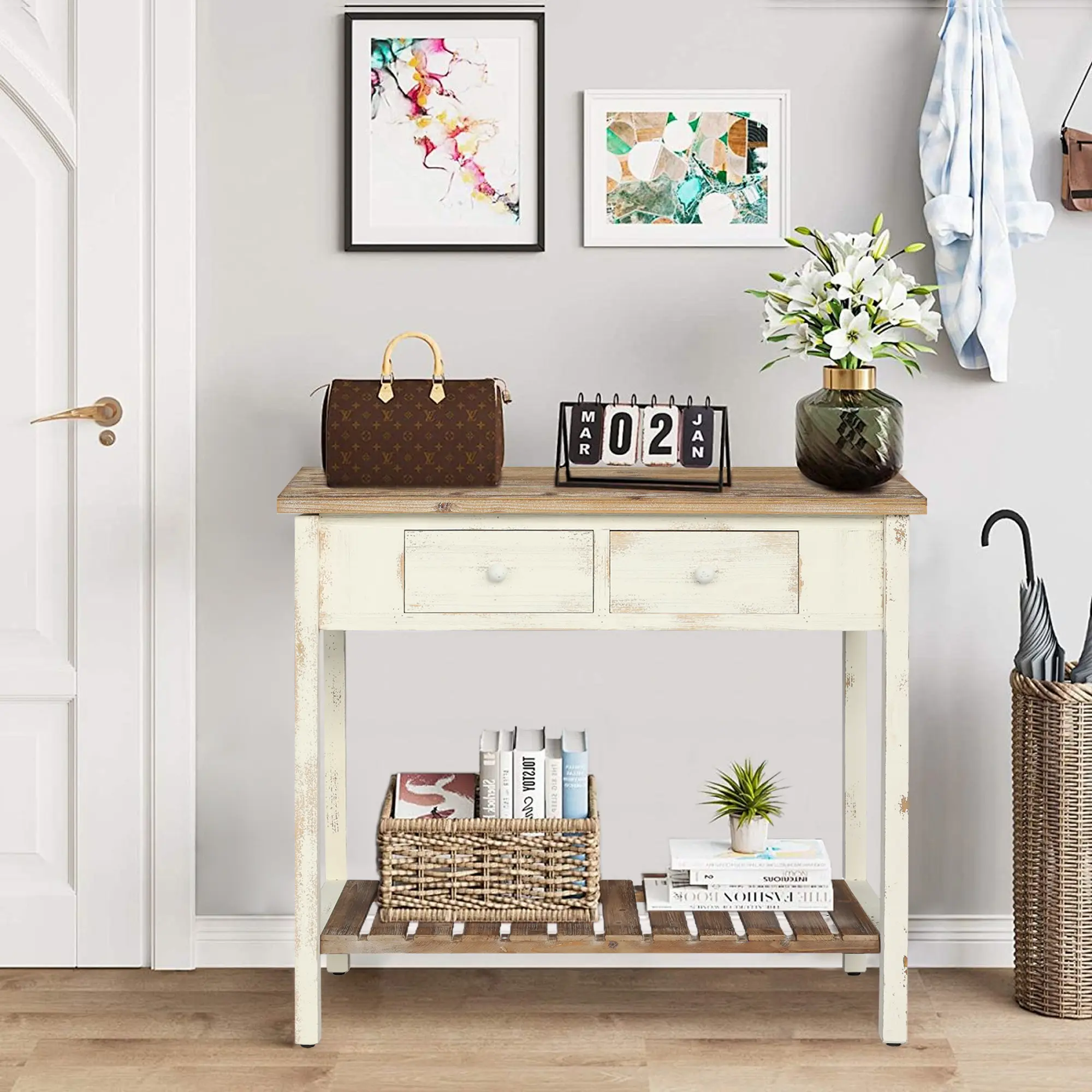Console Table with Two Drawers and Open Shelf, Distressed Antique Natural Finish, MDF with Fir Wood, 15.55"W x 35.43"D x 31.69"H, for Entryway, Living Room, Hallway, Sofa Table