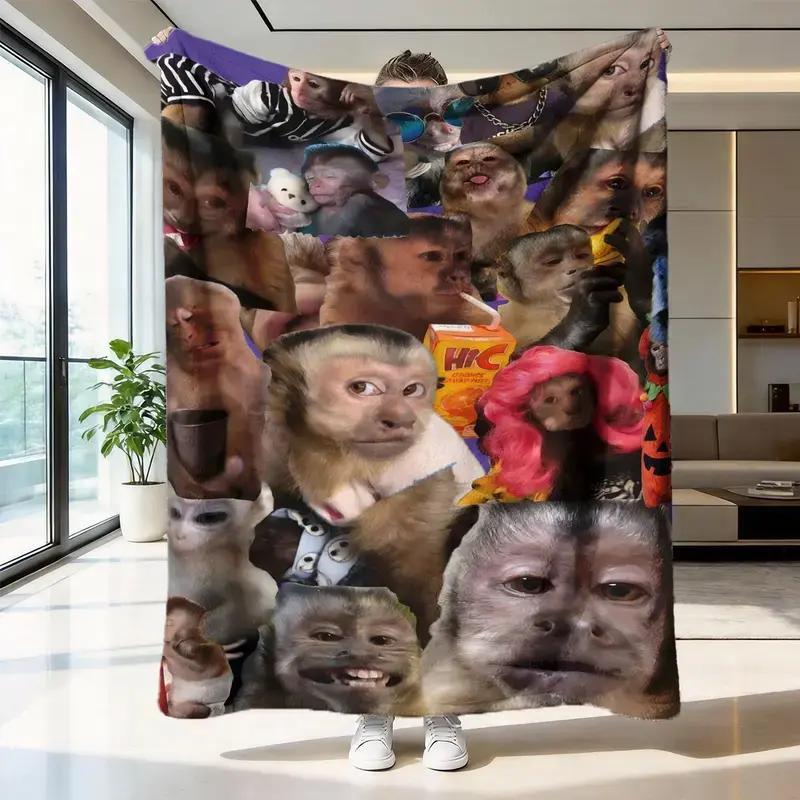 Funny Magical Wizard Monkey Graphic Printed Flannel Throw Blanket, Super Soft & Lightweight Fleece Blanket for Sofa Bed Couch, Unique Funny Gift for Animal Lovers