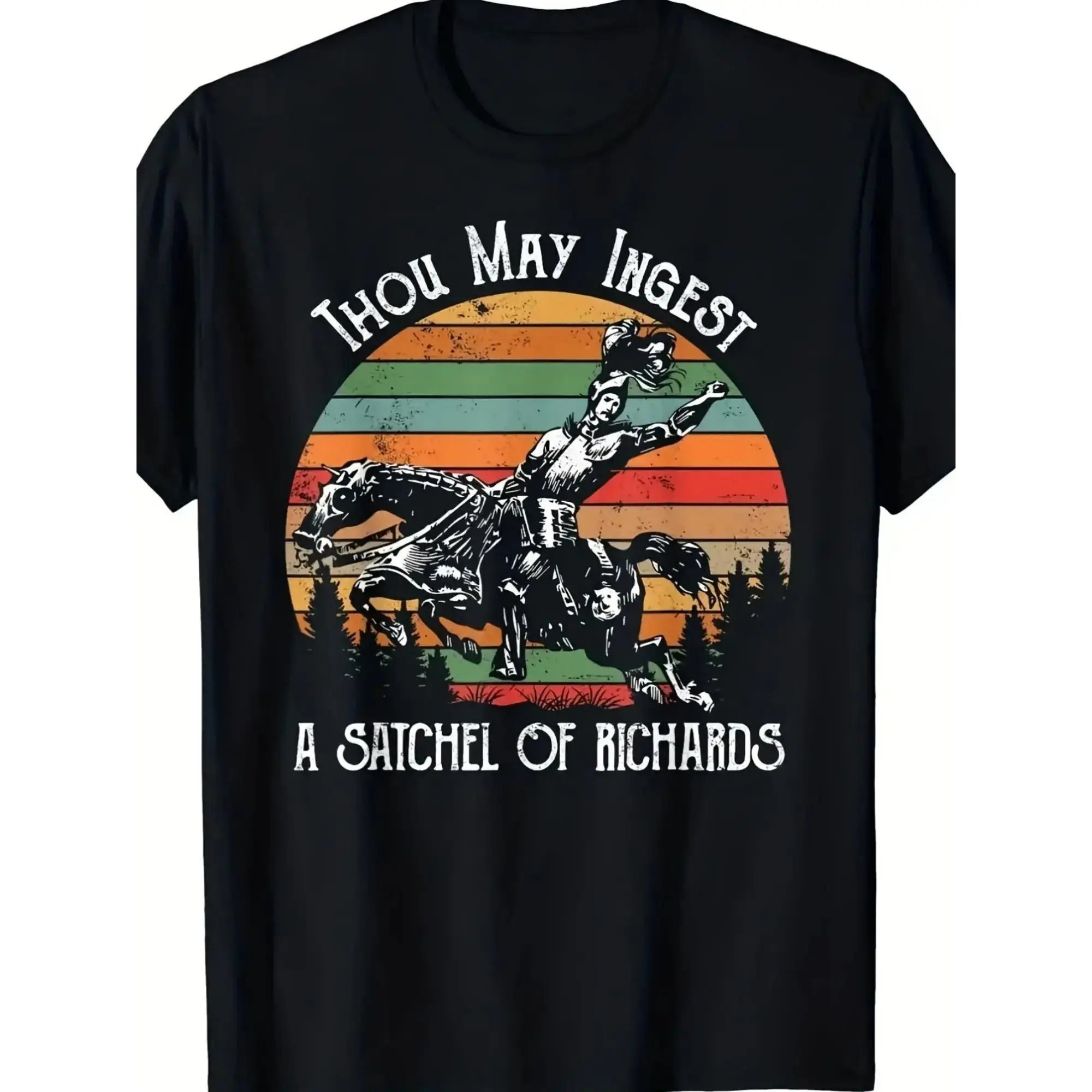 Plus size extra-large retro pattern T-shirt Black plus size T-shirt with retro knight print - 'You may eat it' text, colorful sunset stripes, dynamic western style, comfortable loose fit, suitable for daily wear, perfect choice for retro and fantasy enthu