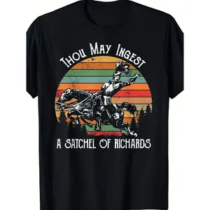 Plus size extra-large retro pattern T-shirt Black plus size T-shirt with retro knight print - 'You may eat it' text, colorful sunset stripes, dynamic western style, comfortable loose fit, suitable for daily wear, perfect choice for retro and fantasy enthu