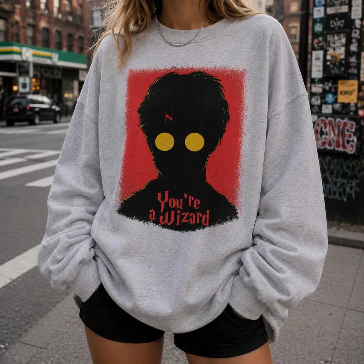 You’re a Wizard Graphic Sweatshirt, Dark Fantasy Wizard Silhouette Crewneck, Retro Magic Lover Pullover, Unisex Gothic Streetwear