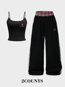 Spring Summer New Strapless Fitted Vest Long Pants Casual Graphic Sleepwear Set, Daily Home Simple Fashion Elegant Trendy Women's Loungewear Sleepwear Set, Matching Pj Set